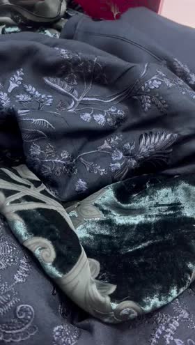 Rs 7650 Dastan Emb leather peech palachi velvet shawl 3pc Rs 7650 Dastan Emb leather peech palachi velvet shawl 3pc